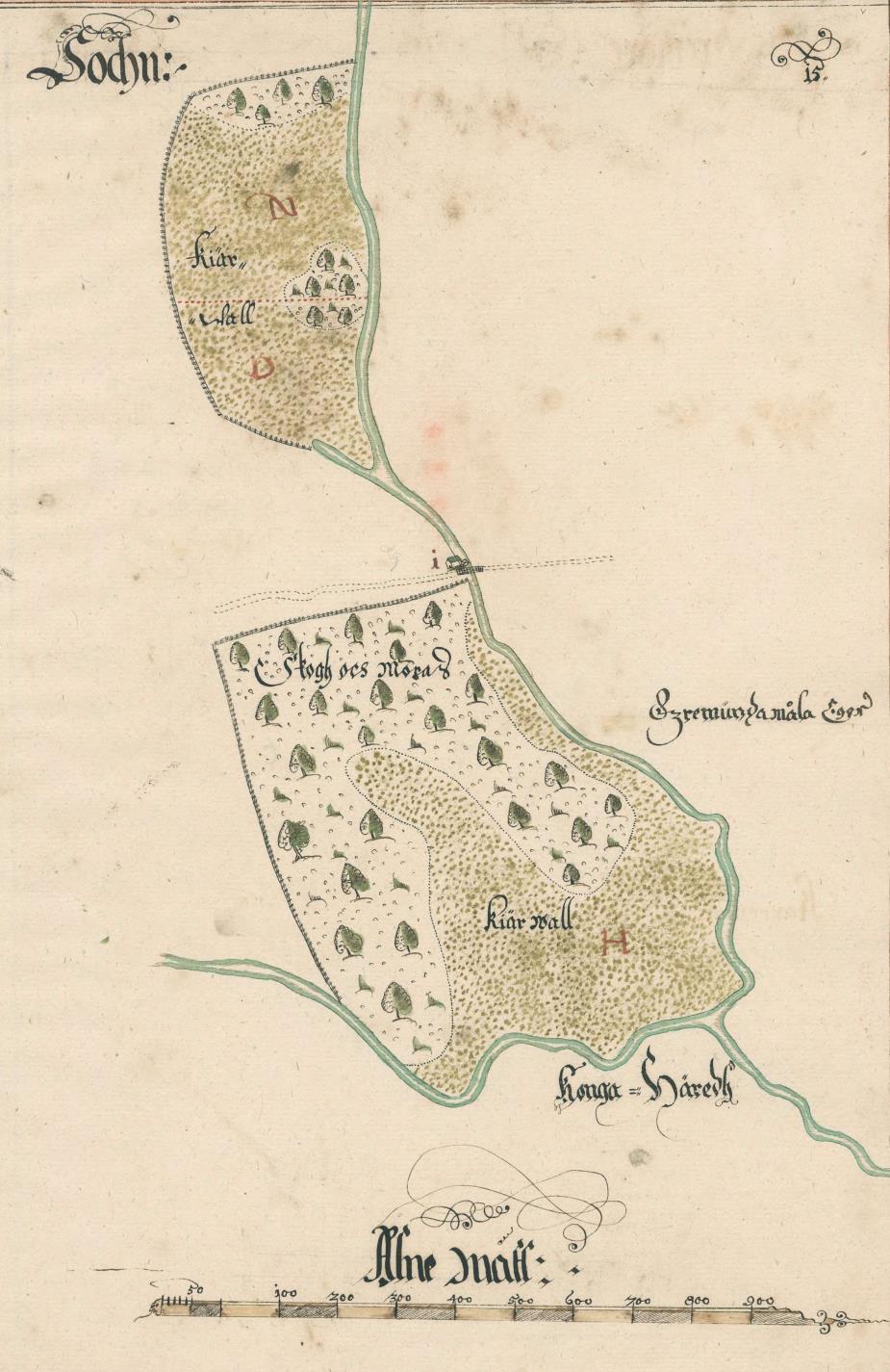 Madhus (som finns kvar idag) Kvarn (finns ej kvar) Del ur kartan från 1655 som visar de värdefulla markerna utmed Lyckebyån, i byns östra kant.