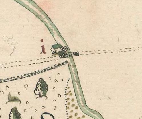 Vid bron över Lyckebyån syns den lilla kvarnbyggnaden med ett vattenhjul (detalj ur karta 1655).