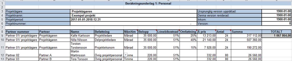 Befattningar/funktioner som budgeteras ska kunna härledas till avsnitt D (beskrivning av projektorganisation) i ansökan.