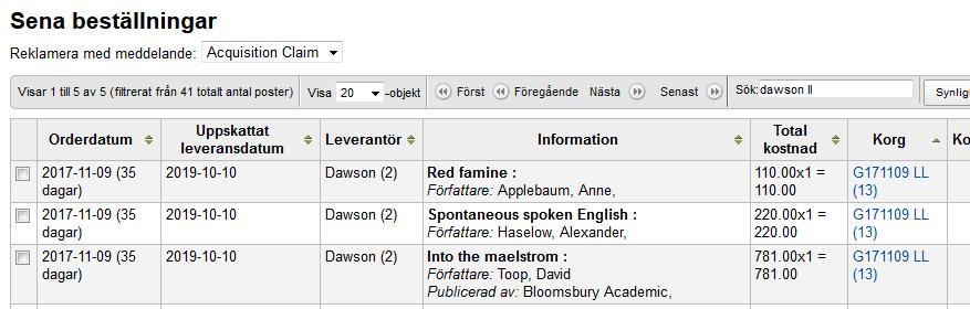 Filtrera/sortera listan i kolumnerna eller