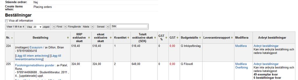 Klicka på Avbryt beställningar alternativ Avbryt beställningar och