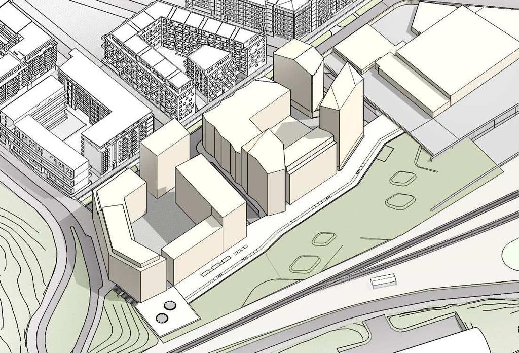 Sida 4 (5) Planförslaget Det tidigare förslaget till bebyggelse i kvarteret Ängsbotten innehöll två kvarter med bebyggelse i mellan 6 och 15 våningar, med mindre släpp mellan byggnaderna på ett par