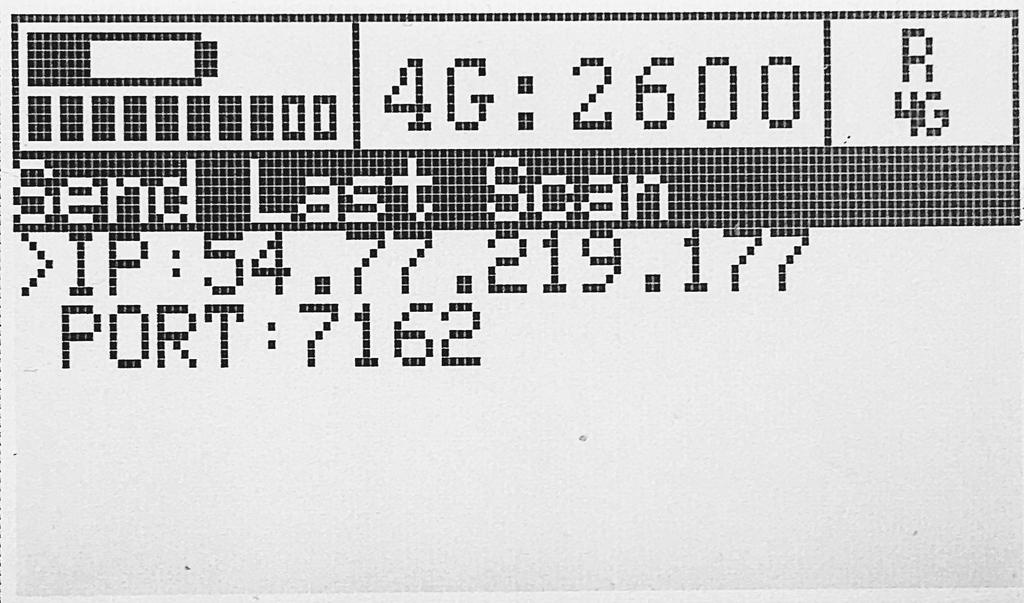 Skicka data till servern Main Menu Tryck på "Send Data to Server" i huvudmenyn. Tryck på "Send Last Scan" IP adressen 54.77.219.