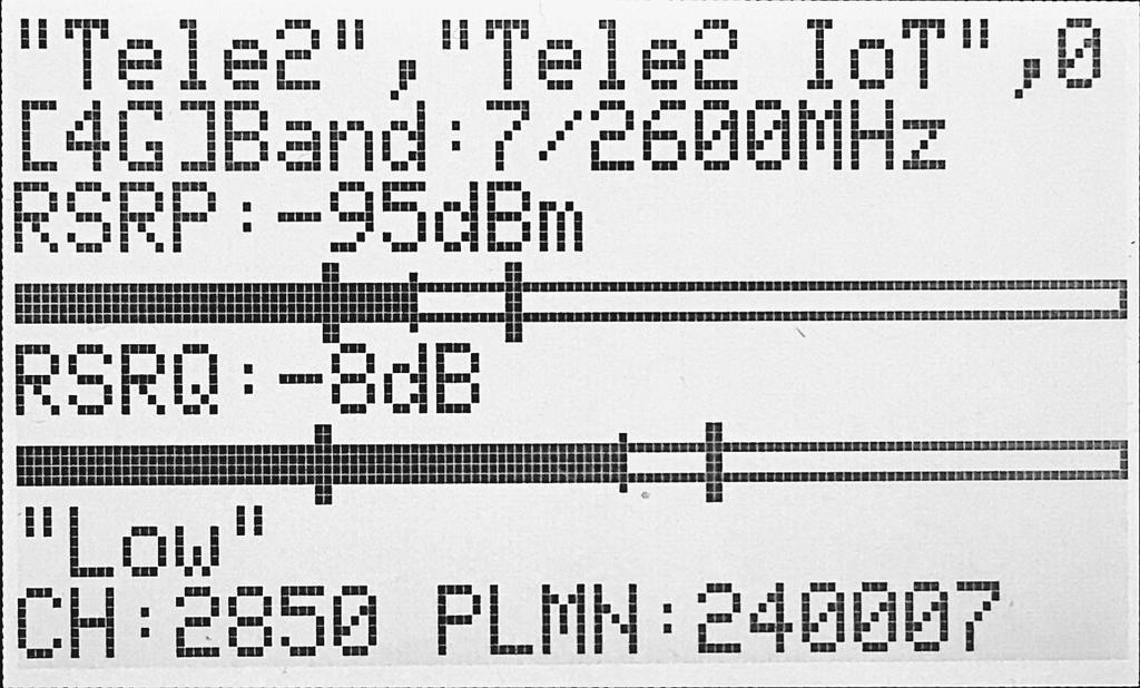3G-anslutning Skanningsmeny 3G-anslutning Skannat nätverk. I Enheten är ansluten till ett 3G-band. Kanalen är 10762 och frekvensen är 2100 MHz. II Mottagen signaleffekt (RSCP) är -72 dbm.
