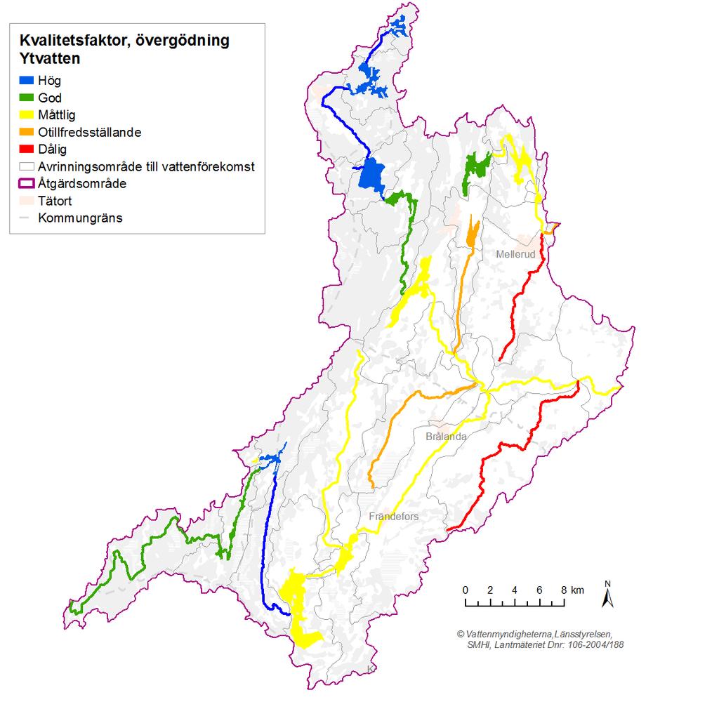 Figur 3. Status för näringsämnen i ytvatten i Dalbergså och Holmsåns åtgärdsområde. Källa: VISS 2015-08-15. www.viss.lansstyrelsen.