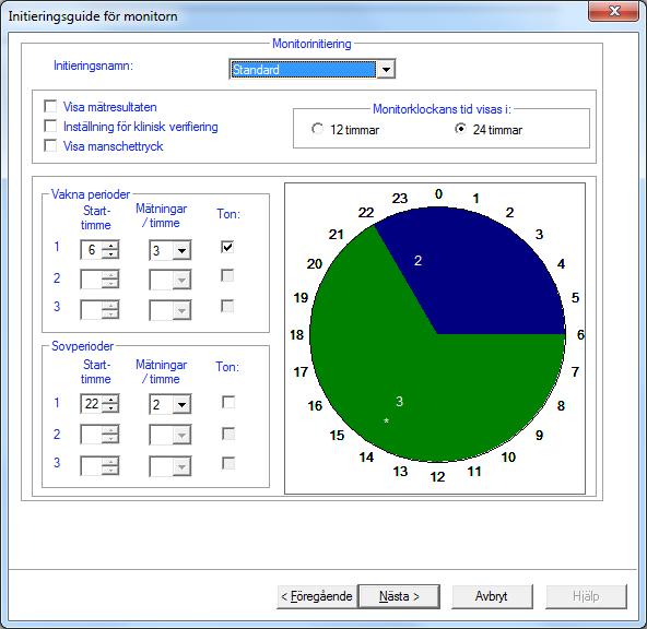 Antal mätningar/timme ska vara inställd på 2 och ton ska ej vara ibockad (se nedan). Kontrollera att även inställning för klinisk verifiering är ibockad, Klicka på Nästa.