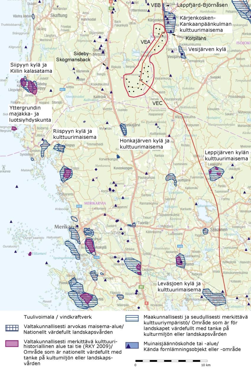 FCG DESIGN OCH PLANERING AB Mikonkeidas vindkraftspark 284 Bild 15.12. Landskaps- och kulturmiljöobjekt samt fornlämningar längs sträckningen i alternativ C.
