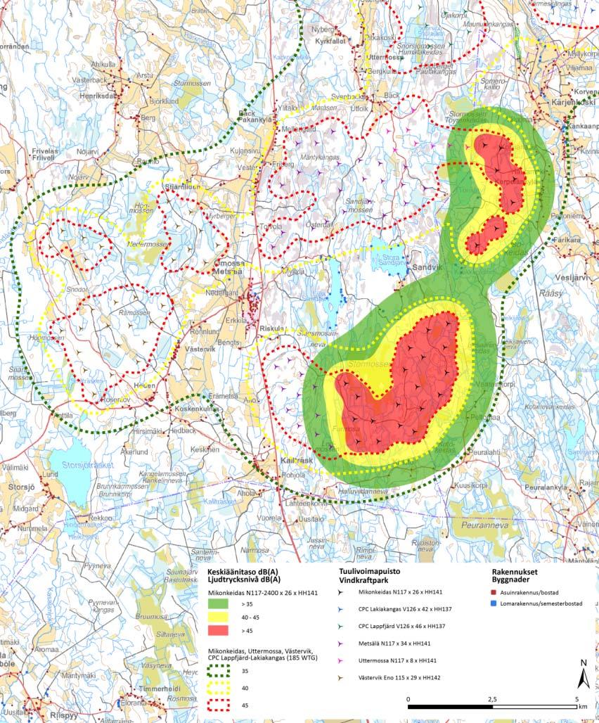FCG DESIGN OCH PLANERING AB Mikonkeidas vindkraftspark 301 Bild 17.3. Sammanlagda bullerkonsekvenser.
