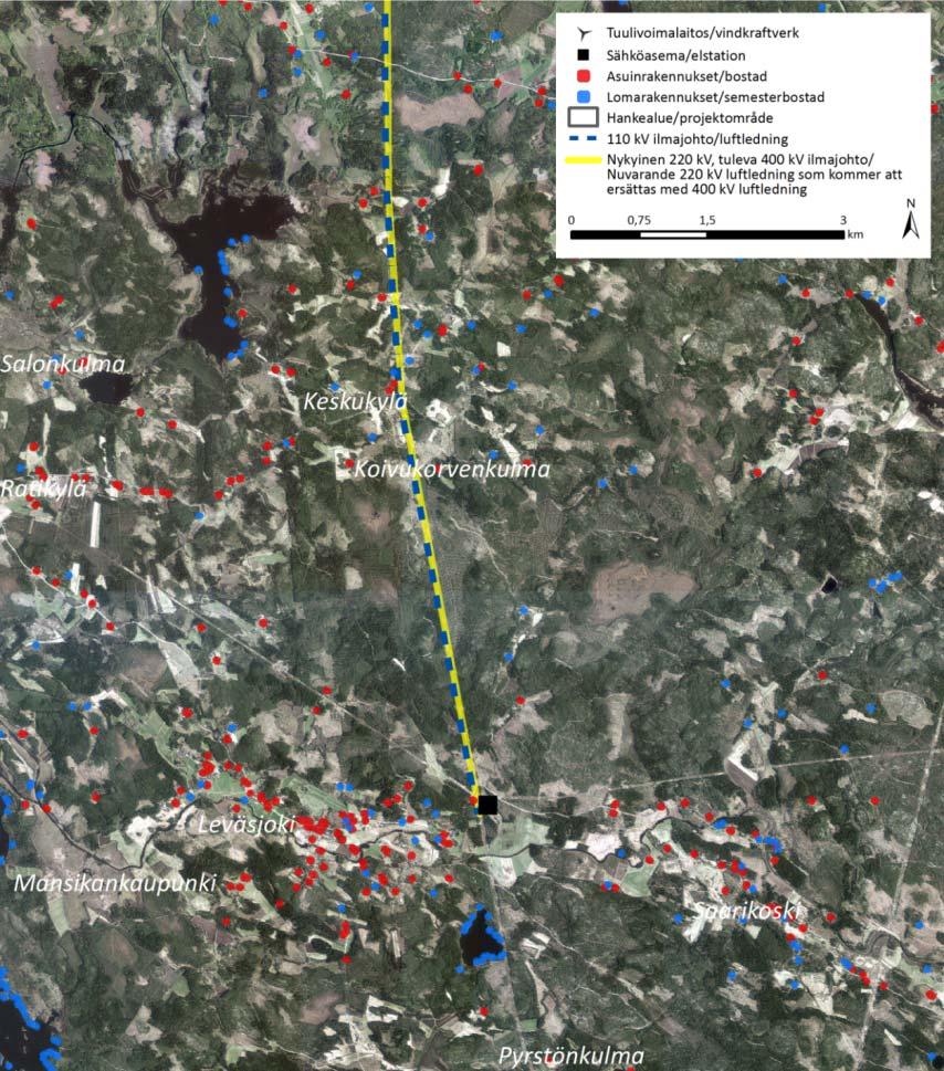 FCG DESIGN OCH PLANERING AB Mikonkeidas vindkraftspark 276 Bild 15.5. Kraftledningen på 110 kv i alternativ C ansluts till 110/400 kv elstationen i Leväsjoki.