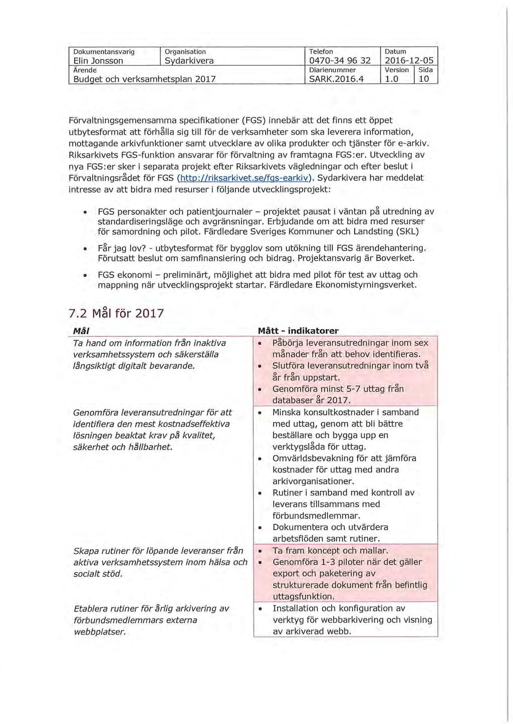 Dokumentansvarig I Organisation Telefon Datum Elin Jonsson Sydarkivera 0470-34 96 32 2016-12-05 Ärende Diarienummer Version I Sida Budqet och verksamhetsolan 2017 SARK.2016.4 1.