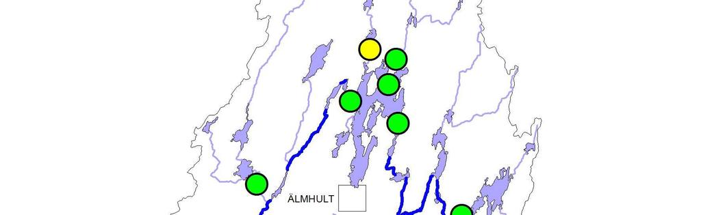 Figur 15. Den stora bilden illustrerar årsmedelhalter av totalfosfor i Helgeåns avrinningsområde år 2016. Den lilla bilden visar motsvarande information från år 2015.