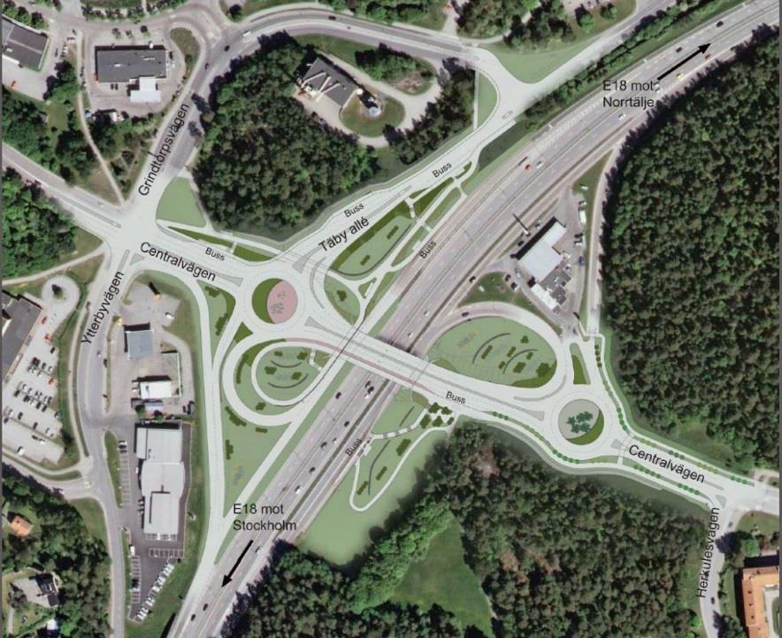 Figur 6. Ny utformning av trafikplats Roslags-Näsby (Trafikverket, 2017). Bebyggelse och omgivning Längst i väster mot kommungränsen finns villabebyggelse fram till Täbyvägen.