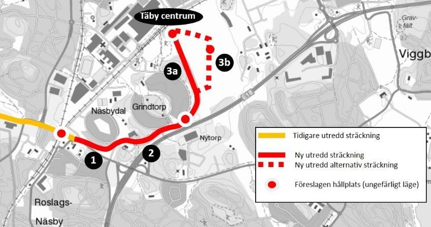 Utbyggnadsförslag Föreslagen sträckning från korsningen Enhagsvägen/Stockholmsvägen fram till Täby centrum redovisas nedan.