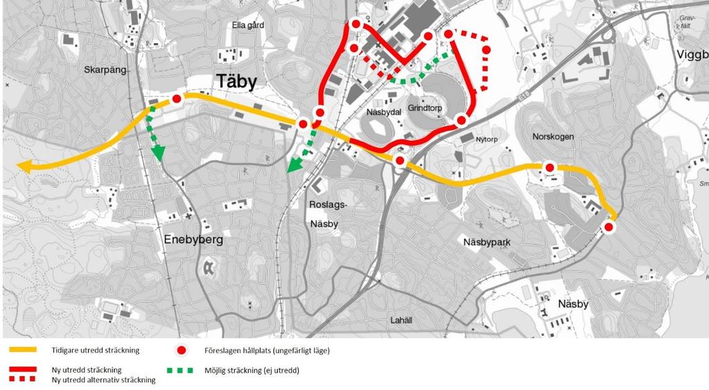 Tidigare arbete Norconsult har tidigare genomfört en utredning för kapacitetsstark kollektivtrafik i Täby Tvärförbindelse Näsby Park Kista. Linjesträckning och utformningsförslag (Norconsult, 2016).