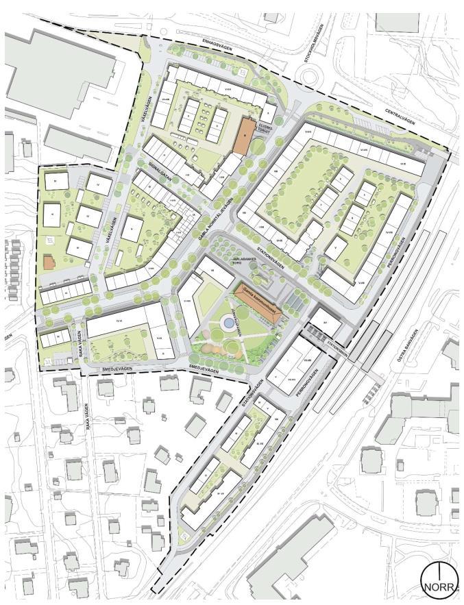 Figur 5. Illustration för gestaltning i Roslags-Näsby (Täby kommun, 2017e). Ombyggnader Roslags-Näsby station Under sommaren 2016 påbörjades en ombyggnad av Roslagsbanans station i Roslags-Näsby.