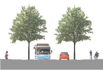 Sidan 11 av 17 Längs flera gator, liksom längs Frestavägen föreslås parkeringsplatser och trädplanteringar. Illustration Frestavägen En uppdaterad systemhandling har tagits fram.