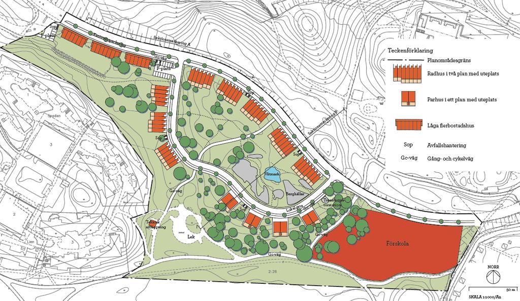 Illustrationsplan, på underlag av Ahlström arkitektkontor Sektion A genom planområdet längs Rissneleden. Sektionsmarkering redovisas på illustrationsplanen.