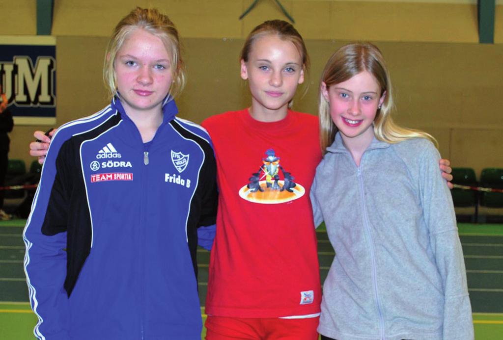 Elin bäst i länet 2000 Linnea Lindbom vann sex grenar i F 13, bl a höjd på goda 1,57. Här omgiven av ett år yngre klubbkamraten Lisa Stenlund t h som persade med 1,45 och trean Frida Bergvall, Växjö.