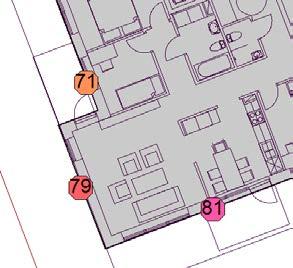 Figur 5 - Maximala nivåer för hus B. Röd markering visar var balkonger behöver förses med tätt räcke för att dämpa ljudet mot fasad.