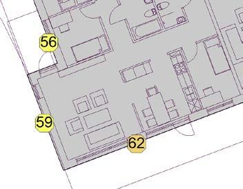 Figur 6 Ekvivalenta nivåer för hus C. Röd markering visar var balkonger behöver förses med tätt räcke för att dämpa bullret mot fasad. 7.1.