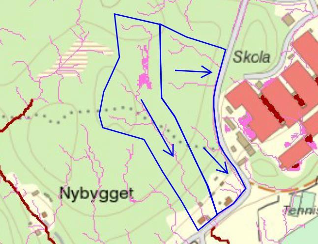 Figur 5. Avrinningsområden som avvattnas mot planområdet nordväst om Bälbyvägen. Karta hämtad från Länsstyrelsen webbgis.