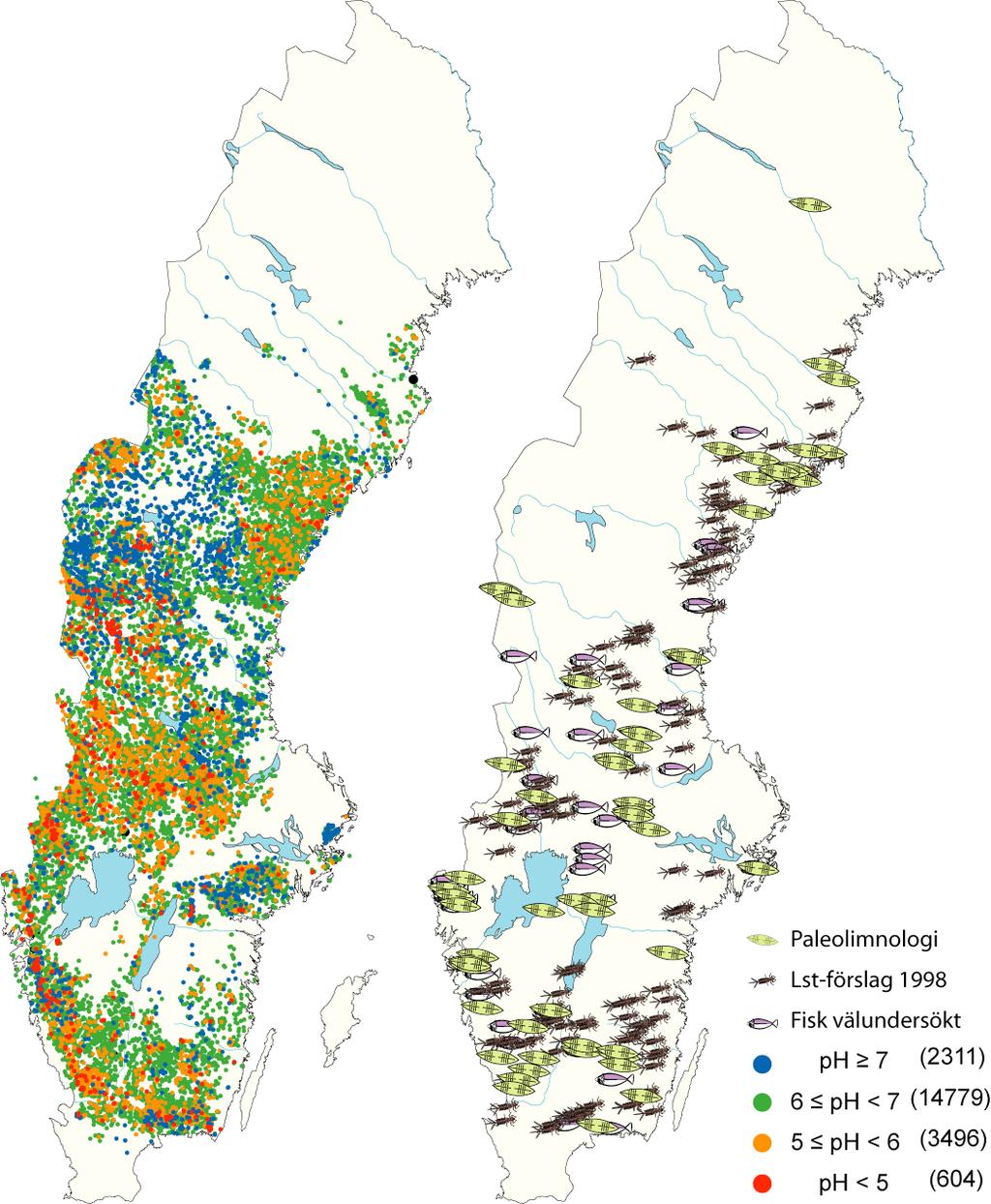 Figur 1. Vänstra kartan visar samtliga unika provpunkter som ingår eller har ingått i den regionala kalkeffektuppföljningen enligt det insamlade datamaterialet.