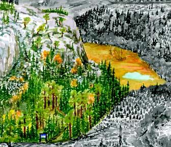 Figur 18. Ett utsnitt av bilden på sidan 18, med endast naturreservatet färgsatt. Jämför även med omslagsbilden. Underlag: akvarell av Gun Lövdahl.