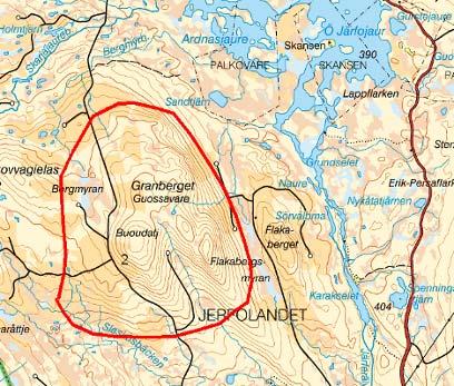 2. Granberget Typ av mark i området Årsmedelvind Området utgörs av ett höglänt skogsområde i Byskeälvens källflöden 6,5 m/s Områdets storlek 15 km² Möjlig produktion/år - Riksintressen N2000 Byske