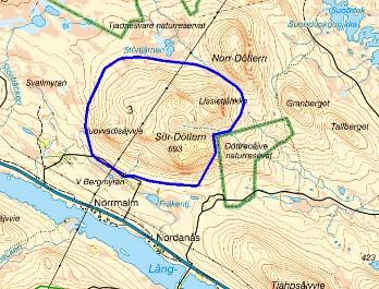 3. Sör-Döttern. Typ av mark i området Orådet utgörs av ett skogsområde i gräns mot lågfjäll och med delvis brant terräng.