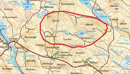 9. Tjuorre- Gåbde Typ av mark i området Området utgörs av skogsklädda berg med delvis brant terräng mot nordost.