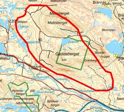 10. Gaddaberget Mattisberget Typ av mark i området Årsmedelvind Områdets storlek Riksintressen Övriga förutsättningar Störningar Bedömning Kommunens beslut Området utgörs av skogsklädda berg med