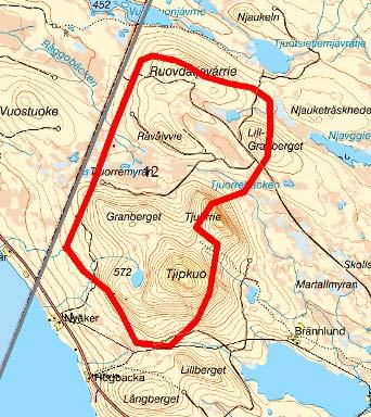 12. Tjipko Ruotatjvare Typ av mark i området Årsmedelvind Områdets storlek Riksintressen Övriga förutsättningar Störningar Bedömning Kommunens beslut Området utgör ett lågfjällsområde med fjällnära
