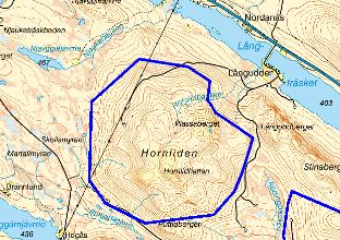 13 A. Hornliden Långträskberget Typ av mark i området Årsmedelvind Områdets storlek Möjlig elproduktion/år Riksintressen Övriga förutsättningar Störningar Bedömning Kommunens beslut Området är ett