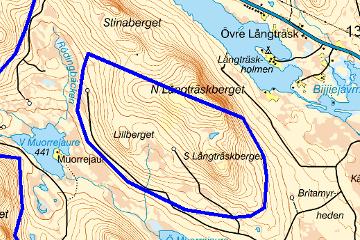 13 C. Långträskberget Typ av mark i området Årsmedelvind Områdets storlek Möjlig elproduktion/år Riksintressen Övriga förutsättningar Störningar Bedömning Kommunens beslut Området är ett