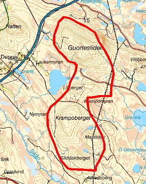 15. Krampoberget - Guortesliden Typ av mark i området Årsmedelvind Områdets storlek Riksintressen Övriga förutsättningar Störningar Bedömning Kommunens beslut Området utgörs av ett skogsklätt berg