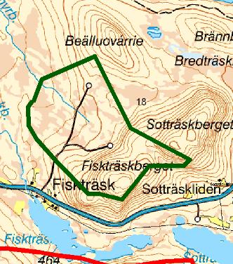 18. Fiskträskberget Typ av mark i området Årsmedelvind Områdets storlek Möjlig elproduktion/år Riksintressen Övriga förutsättningar Störningar Bedömning Kommunens beslut Området utgörs av skogsklädda