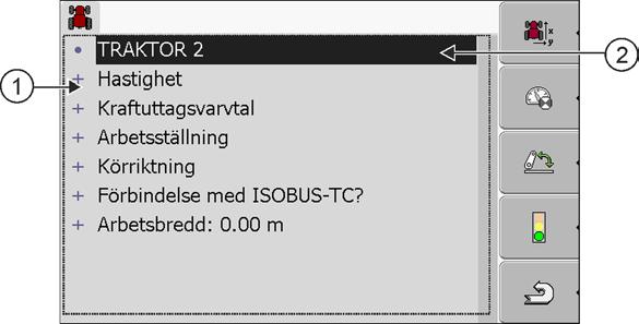 8 Applikation Tractor-ECU Konfigurera en fordonsprofils parameter Aktiverad fordonsprofil (symbolen är grönmarkerad) Lista med alla tillgängliga fordonsprofiler Information om den markerade