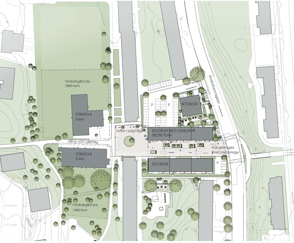Sida 16 (44) Illustrationsplan över Sunneplan och de nya förskolorna (Tema arkitekter) Övergripande Sunneplan och förskolorna, del 1 Sunneplan Detaljplanen möjliggör för två lamellhus i fyra våningar