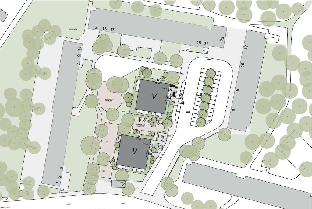 Gården är idag stor och grön med höga uppvuxna träd, den nya bebyggelsen kommer ta en del av befintlig grönyta i anspråk.