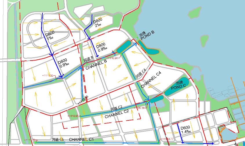 雨水系统图表 Diagram stormwater system Business / Administration plots 商业 / 行政地块 Surface runoff > 10 year rain Residential plots 住宅地块