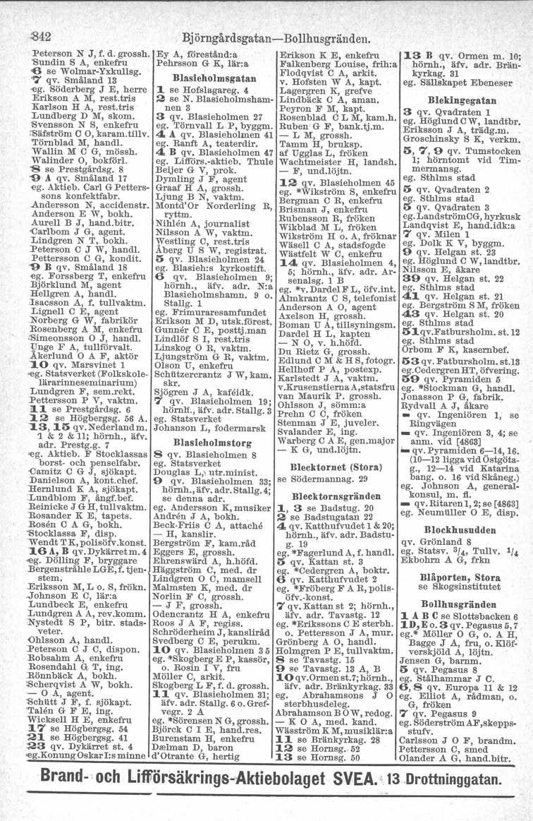 :842 Peterson N J, f. d. grossh. Ey A, föreståndra Erikson K E, enkefru 13 B qv. Ormen m. 10; 'Sundin S A, enkefru Pehrsson G K, lär:a Falkenberg Louise, frih:a hörnh., äfv. adr. Bränkyrkag.