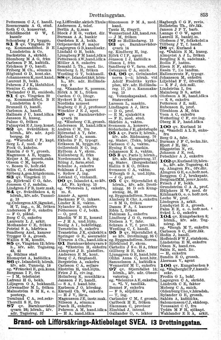Pettersson C J, f. handl. Rosencrantz A G, stud. Roth C O, konservat. Schildknecht G W, f. kassör Schonberg J P,byggm. 81 B qv. Vingräen 20 ego Kommanditbo!. B E Lundström & Co. Backström A,' skrädd.