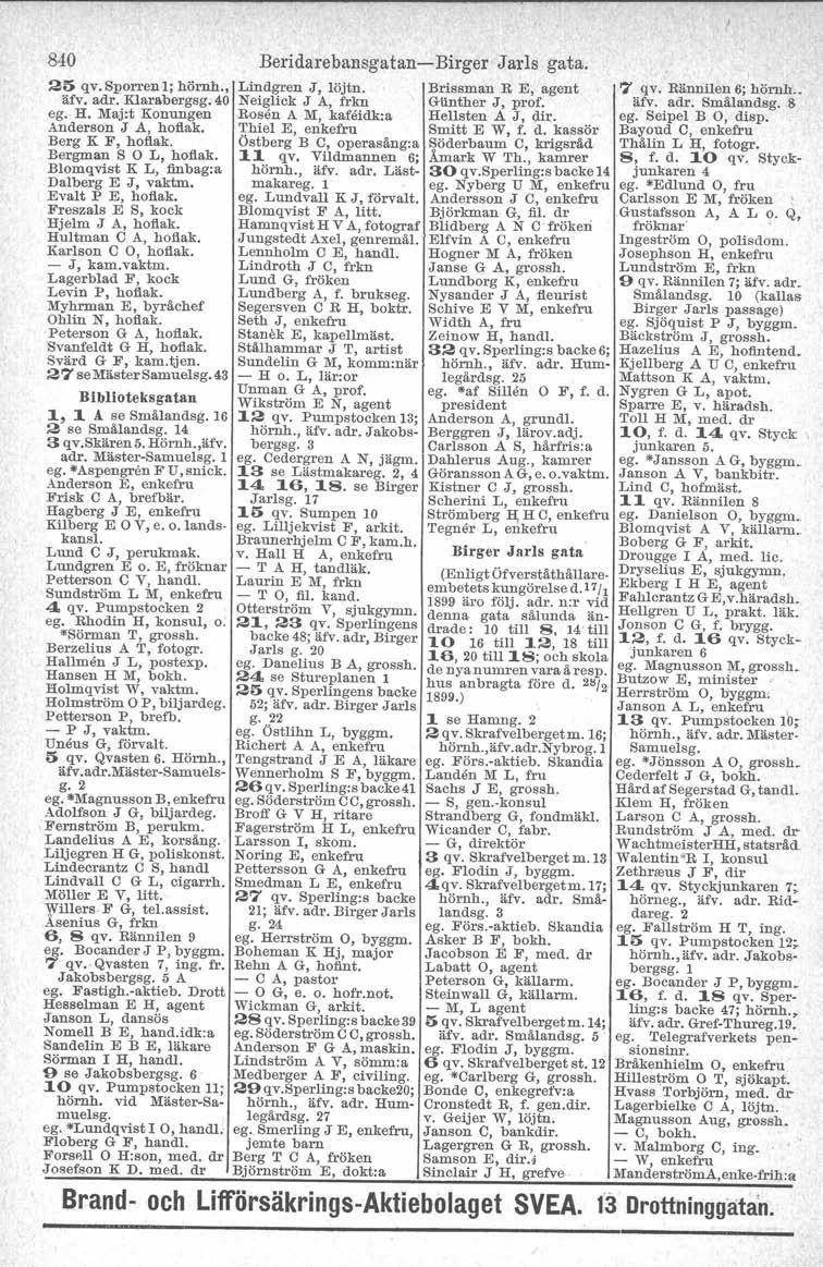 840 Beridarebansgatan-Birger Jarls gata. 25 qv.sporren I; hörnh., Lindgren J, löjtn. äfv. adr. Klarabergag. 40 Neiglick J A, frkn ego H. Maj:t Konungen Rosen A M, kafeidk.a Anderson J A, hoftak.