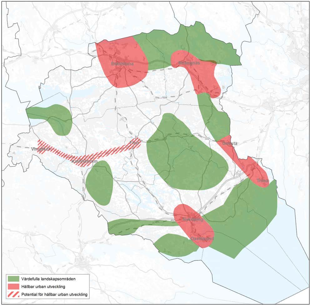 13 GOD BEBYGGD MILJÖ FIGUR 71. Utpekade områden för hållbar urban utveckling. Karta från Länsstyrelsens Landskapsstrategi. 13.2.