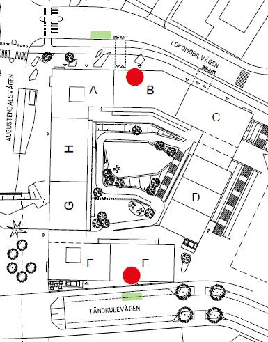 4.5 Hus 10, ca 189 lägenheter, åtta lokaler Hus 10 ligger längs två bussgator i ett trafikerat hörn. Entréer från Lokomobilvägen i norr läget och höga nivån Tändkulevägen i söder.
