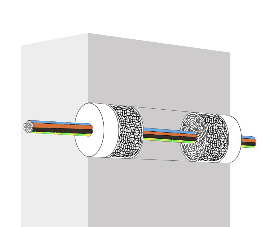 ) 30 mm: betong mot betong 25 mm + 50 mm stenull, tvåsidig Vägg / Plan 150 mm EI 240 30 mm: betong mot betong 15 mm + 25 mm stenull, ensidig Vägg / Plan 240 mm EI 120 Kablar Ø25 mm 30 mm: gips mot