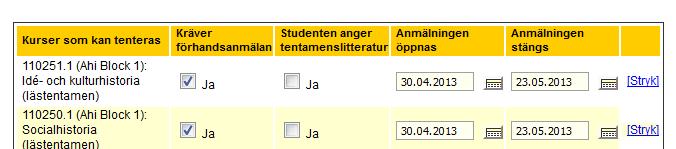 Därefter valdes allmän tentamen för HF/IPL genom att klicka på Visa. Bild: Översikt när man klickat på Visa.