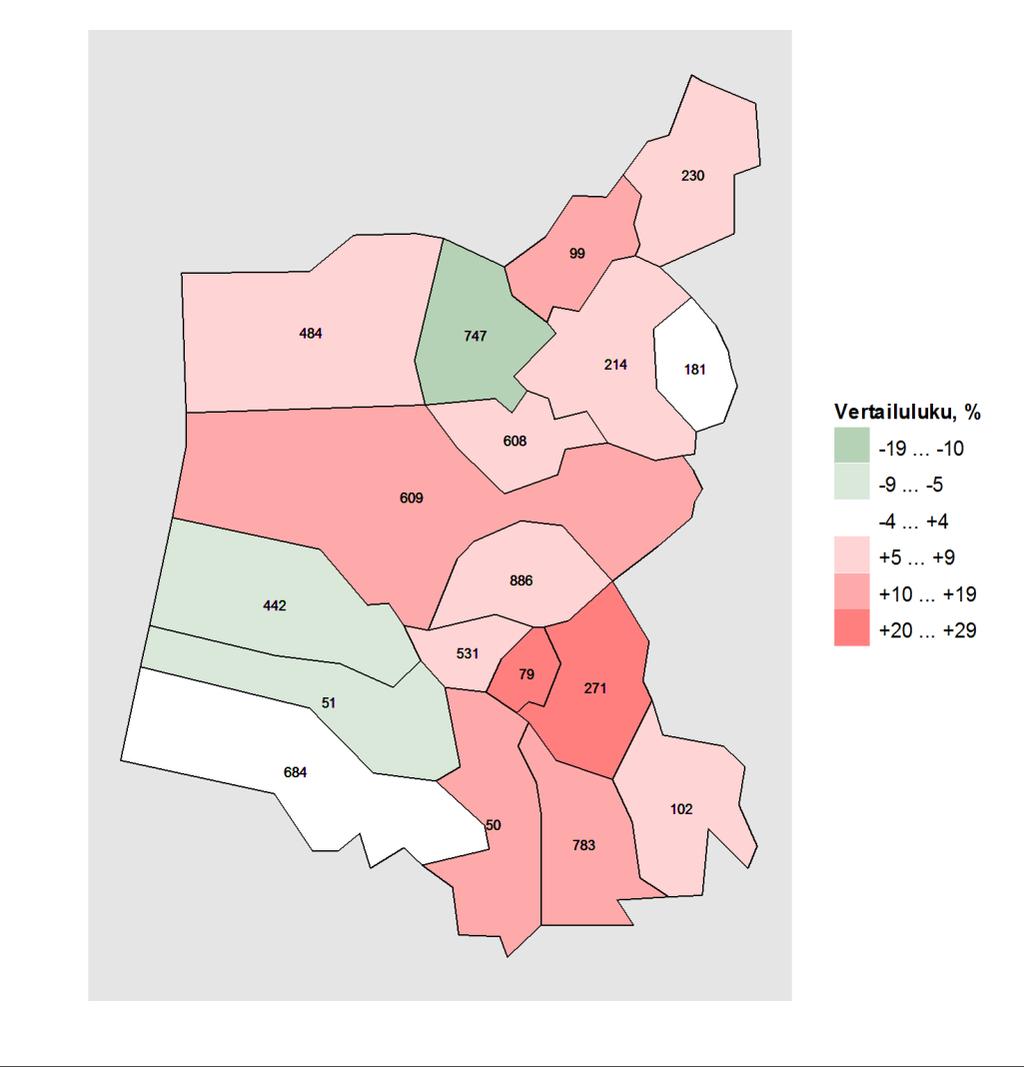 Karta 1. Vårdperioder till följd av skador och förgiftningar i regionens kommuner 2011 2015 jämfört med situationen i hela landet. Karta: Lantmäteriverkets Generalkarta 1:4 500 000, 2011.