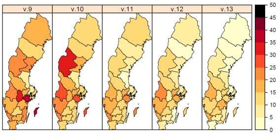 Figur 2. Antal laboratorieverifierade influensafall (alla typer) per län och 100 000 invånare.