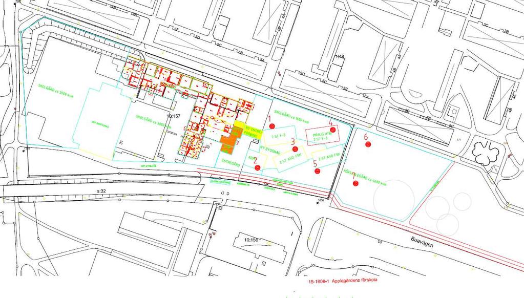 MUR/GEOTEKNIK 5.3 Befintliga byggnader och anläggningar I området ligger den befintliga Buaskolan och söder om området går Buavägen, se Figur 5.1 nedan. Figur 5.1 Översiktskarta över Buaskolan.